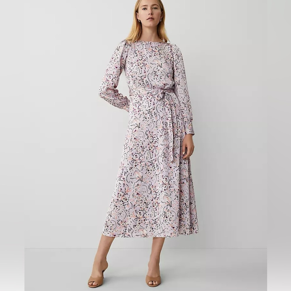 NWT Ann Taylor Petite Floral Puff Shoulder Belted Flare Size 2P